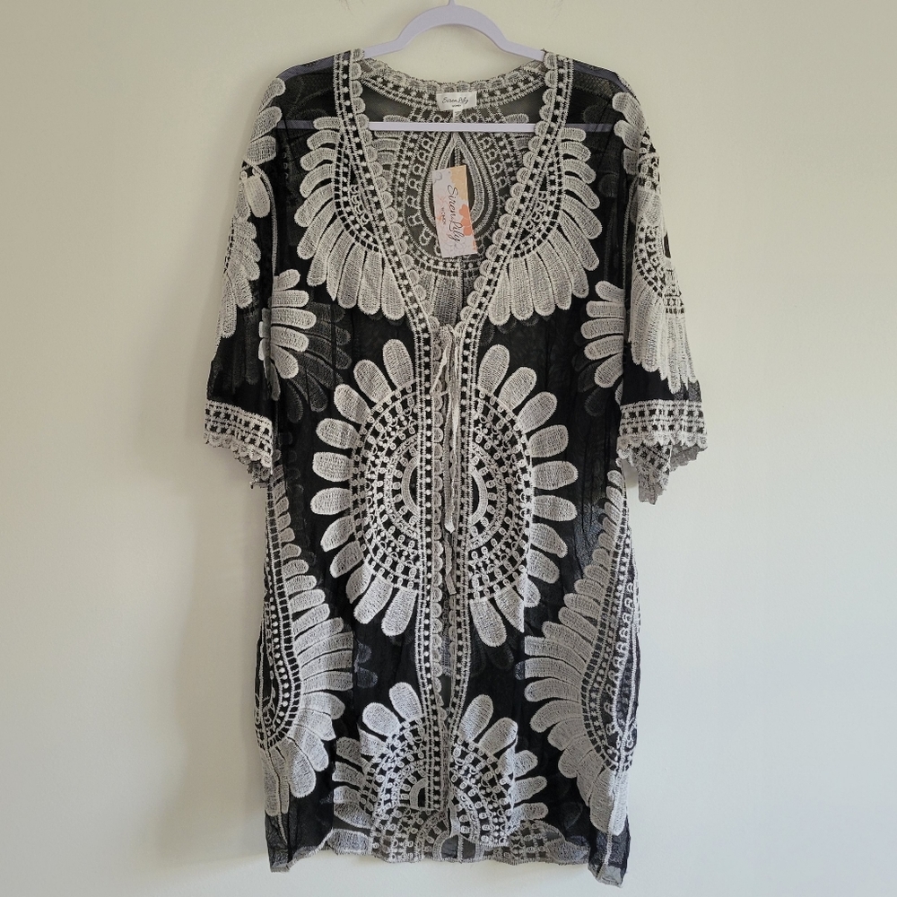 Floral Embroidered Sheer‎ Short Sleeves Kimono Robe 1X